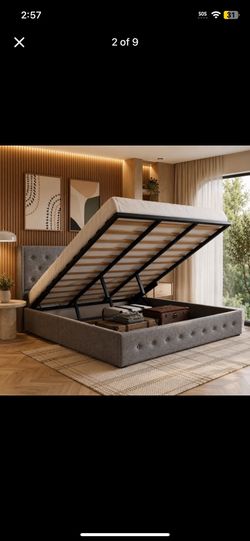 King Size Bed Frame, Lift up Storage Platform Bed with Button Tufted wing back