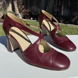Burgundy Leather Block Heels Pumps Women’s Shoes - Made In Spain 