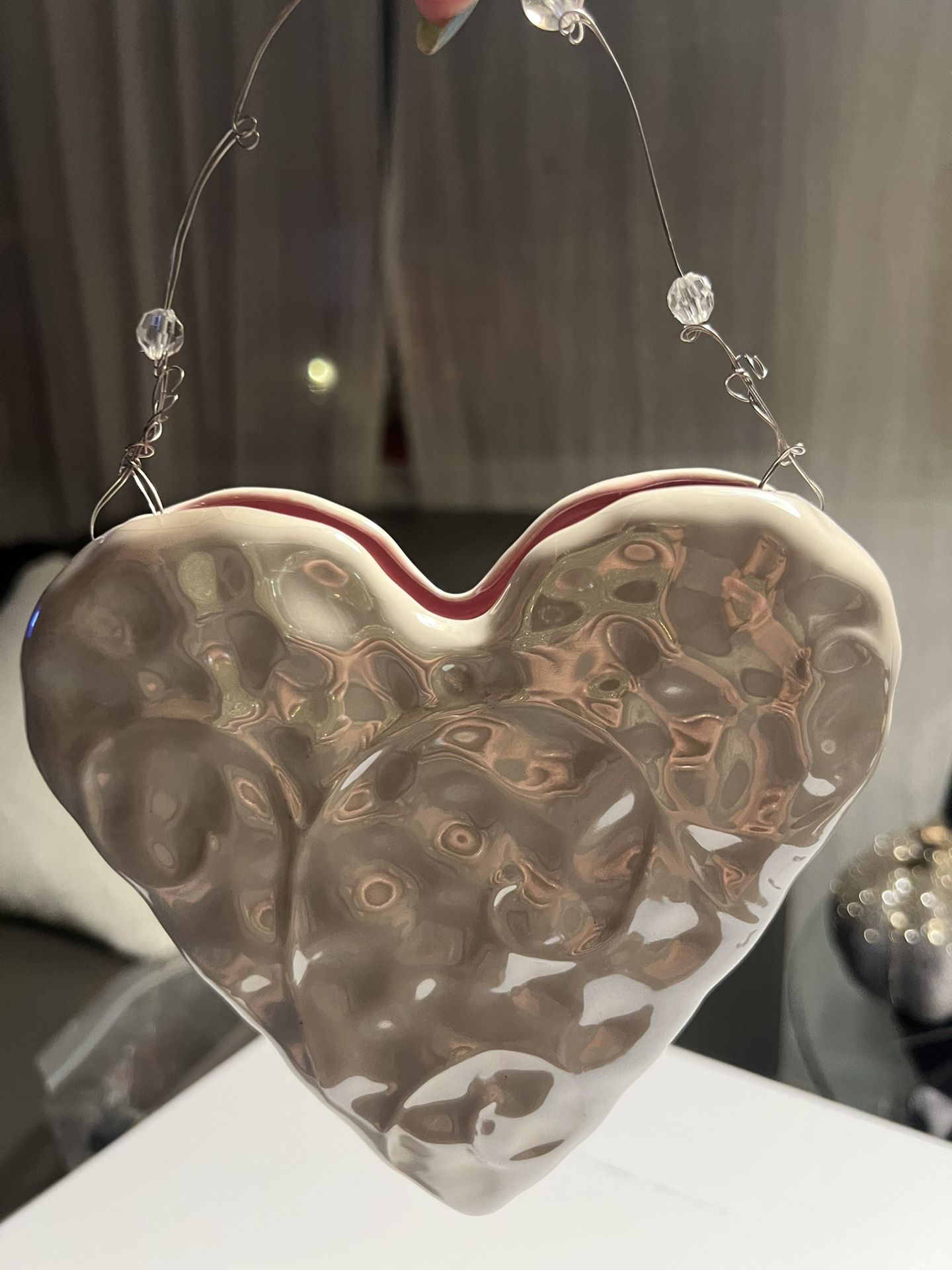Hanging Heart Vase Pink Ceramic Wall Pocket Wire & Bead Hanger Valentines Decor
