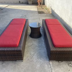 Outdoor Wicker Chaise Lounge Set (2) + 1 Table- Pool / Patio Furniture