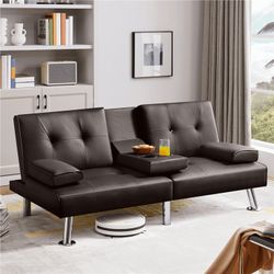 Modern Faux Leather Convertible Futon Sofa Bed with Cup Holders, Espresso