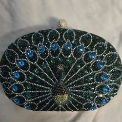 Peacock Rhinestone Evening Bag, Luxury Beaded Clutch Purse With Gold Trim/ Chain