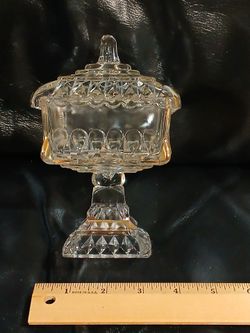 Vintage Jeannette Square pedestal Glass Wedding Box with Lid.  6.5 " tall.