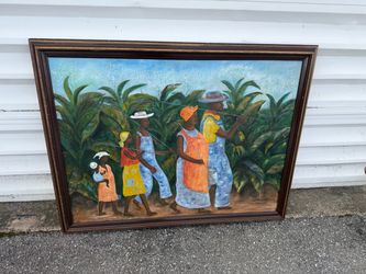 Large Original Oil Painting Field Workers Folk Art Framed by African American Artist M. Harold  36x48in painting 54x42in frame