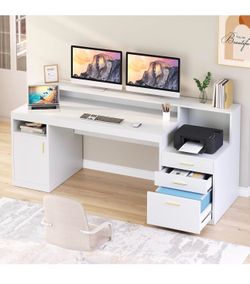 65” White Computer Desk with 3 Drawers & Printer Shelf – $135  🆕 Brand New in Box 💰 Only $135  ✨ Similar style to the pictured desk, but not the exa