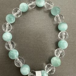 New, Beautiful Green Moonstone And Faceted Clear Quartz Crystal Bracelet. Gift Bag Included 