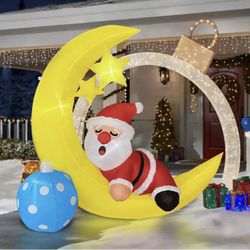 New 5FT Christmas Inflatable Somnolent Santa Claus on The Moon Decoration, LED Blow Up Lighted Decor Indoor Outdoor Holiday Art Decor Decorations
