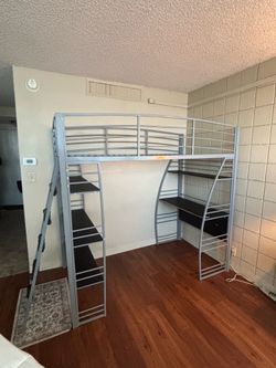 Free metal twin loft bed with desk and shelves TAKEN/PENDING PICK UP