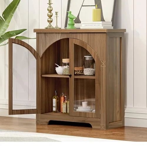 Sideboard Buffet Cabinet with Glass Door,Arched 2 Door Accent Storage Sideboard with Adjustable Shelf,Mid Century Modern Display Cabinet for Kitchen D