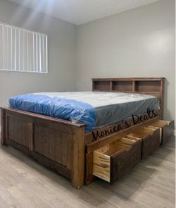 Queen Solid Wood Bed With 3 Drawers And Mattress $760