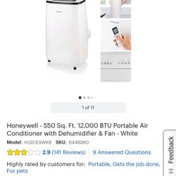Honeywell - 550 Sq. Ft. 12,000 BTU Portable Air Conditioner with Dehumidifier & Fan - White $380
