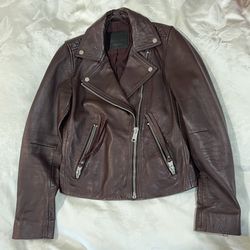 Like New ALLSAINTS Dalby Slim Fit Leather Biker Jacket Size 2 US/ 6 UK Deep Berry Red