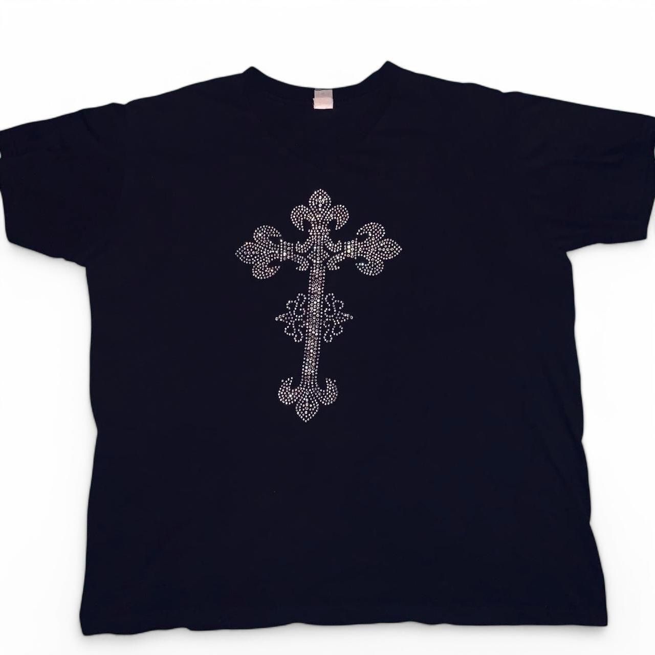 Black Rhinestone Cross T shirt (black) - XXL WOMENS #rhinestone #cross #y2k #comfy #summer essentials hoodie true religion jeans juicy couture pat