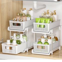 Bathroom Organizer with Dividers, 2Pcs 2 Tier Stackable Under Sink Organizers and Storage Cabinet Organizers for Bathroom Kitchen Pantry Organization 