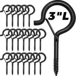 20 PCS 3 inches Q-Hanger Hooks with Safety Buckle, Screw Hooks for Outdoor String Lights, Ceiling Hooks for Hanging Plants, Black