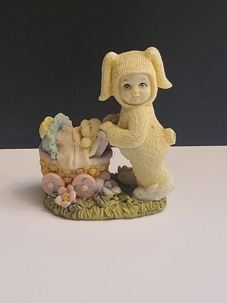 VINTAGE Snow Bunnies 3 " Rabbit Bunny Pushing Baby Carriage On Green Grass
