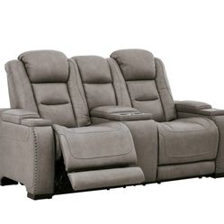 The Man-Den Gray Power Reclining Loveseat with Console

