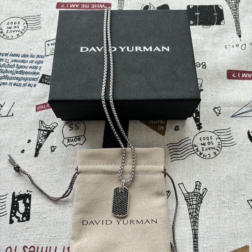 Streamline Tag Pendant In Silver Necklace With Black Diamonds