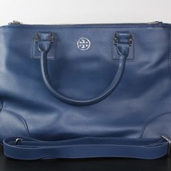 Tory Burch Blue Leather Large Double Zip Robinson Tote