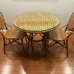 Bistro Table and 2 Chairs Vintage Round French (Bamboo and Rattan) with 1/2” Glass Top
