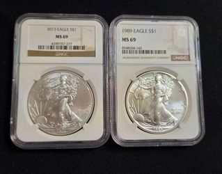 1989 & 2013 NGC MS69 American Silver Eagles - Certified 1 oz .999 Silver Coins