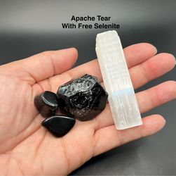 Apache Tear Genuine Obsidian Rough & Polished Stones & Selenite 4pcs