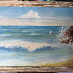 Large Framed Seascape Oil Painting Ocean Waves Signed W. Rose