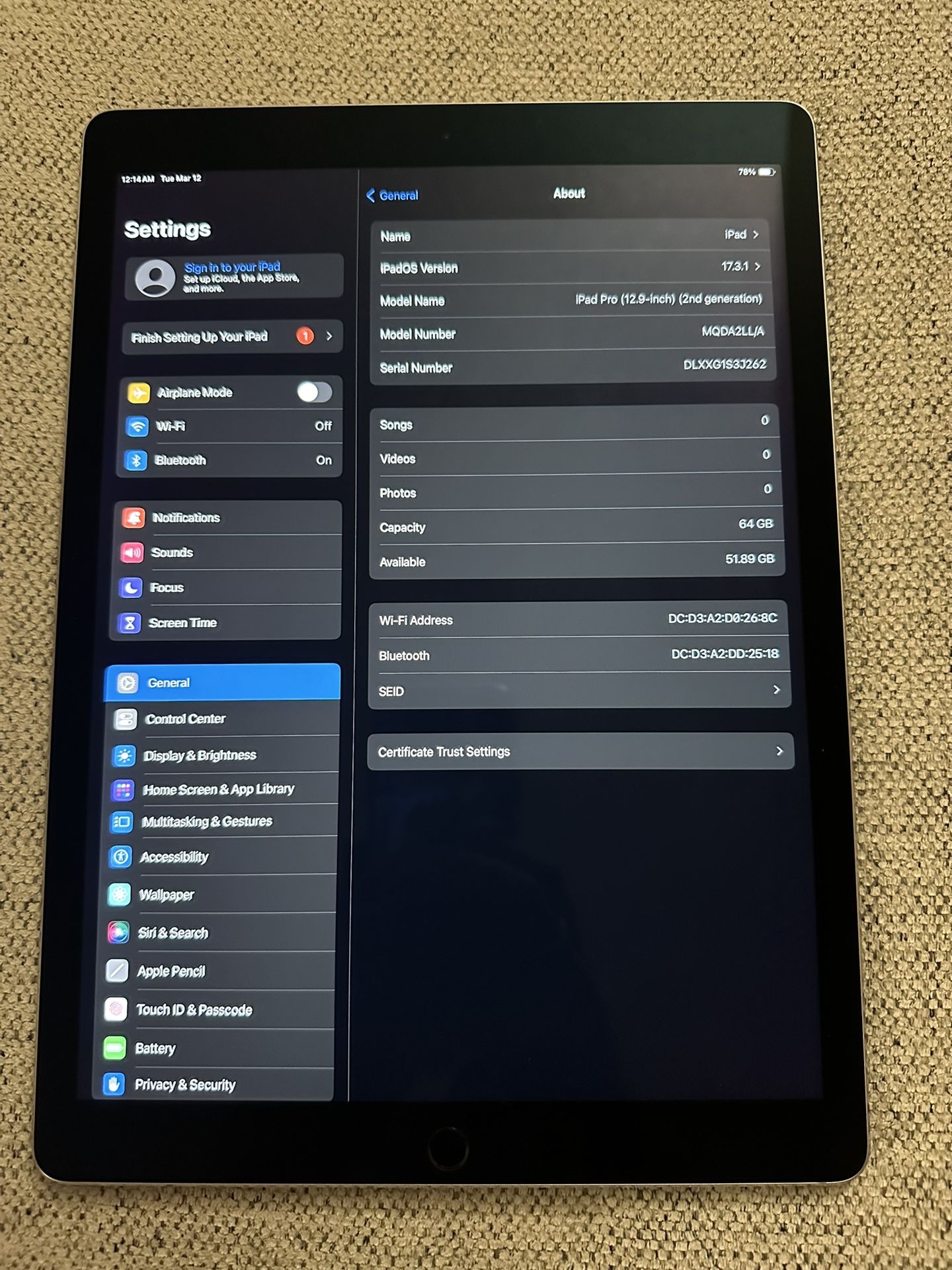 iPad Pro 12.9in 2nd Gen WIFI 64 GB
