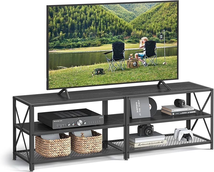TV Console for TVs Up to 70 Inches, TV Table, 63 Inches Width, TV Cabinet with Storage Shelves, Steel Frame, for Living Room, Bedroom, Black with Wood