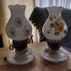 Vintage Milk Glass Lamps Hand Painted 