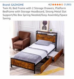 Twin XL Bed Frame with 2 Storage Drawers, Platform Bedframe with Storage Headboard, Strong Metal Slat Support/ with mattress