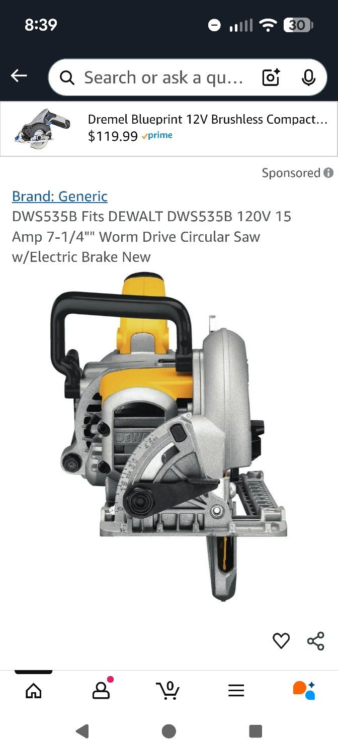 DEWALT DWS535B 120V 15 Amp 7-1/4"" Worm Drive Circular Saw