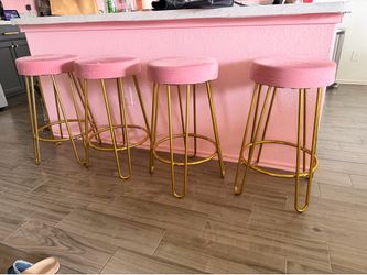 Pink Velvet Bar Stools with Gold Legs - Set of 4