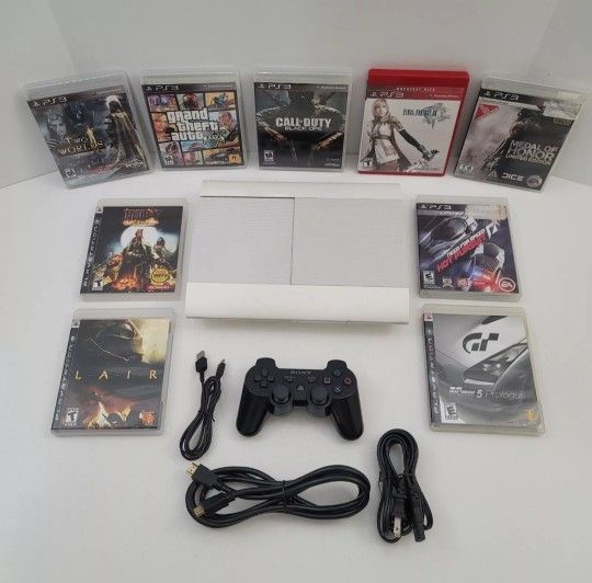 White Sony Playstation 3 Super Slim Console 500GB With 1 Controller & 9 Games