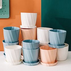 Plastic Planters with Drainage Holes and Saucers, Nordic Style Rhombus Flower (set of 3)