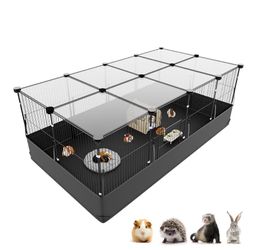 Guinea Pig Cage with Top Cover & 12 Panels, Triple Fixing Measures Small Animal Playpen with Waterproof PVC Liner & One-Motion Hooks, 48 x 24 x 16 C&C