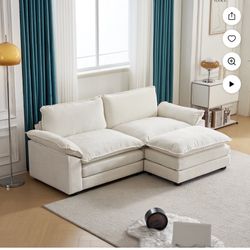 86” Beige L-Shaped Sectional Sofa w/ Chaise, Chenille, Sleeper Style