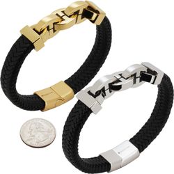 316L Stainless Steel 18k Yellow Gold Plated 14mm Mariner Leather Bracelet 8"