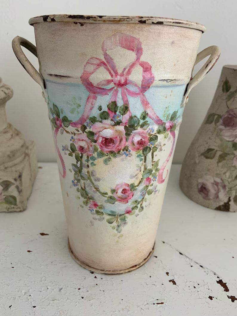 Christie Repasy ORIGINAL hand painted pink roses Vintage metal can. Shabby Chic Farmhouse