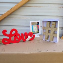 Red Love Sign, Picture Frame, and Gold Hashtag Decor