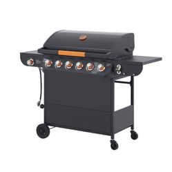6 Burner BBQ Propane Gas Grill with Side Burner 72000 BTU Output Stainless Steel Barbecue Grill with Cast Iron Grates and Side Tables for Outdoor Cook