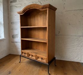 Mexico Rustic Pine Wood Bookcase with Drawers and Iron Base