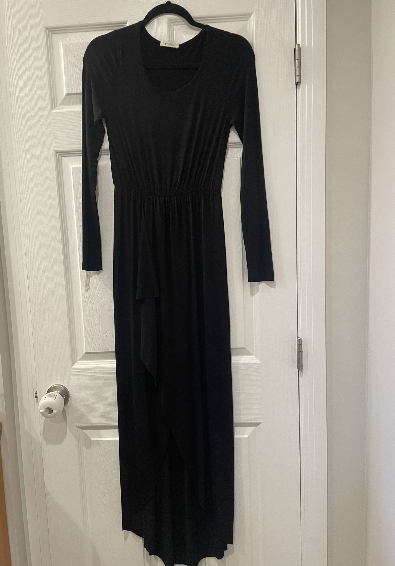 Everly Long Sleeve Black Dress With Front Draping 