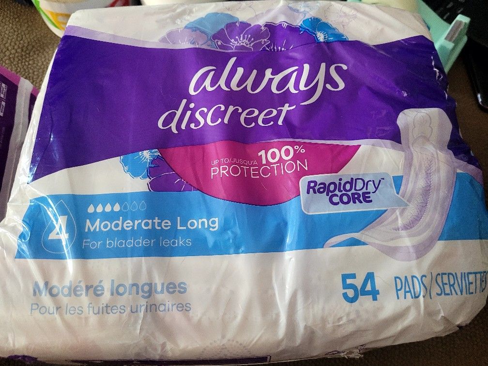 Always Discreet Incontinence Pads for Women, Moderate Long, 54 Count