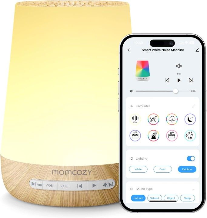 Baby Sound Machine, Momcozy White Noise Machine, Baby Sleep Trainer with Night Light with 34 Soothing Sounds, Timer, App Remote Control, Personal Slee