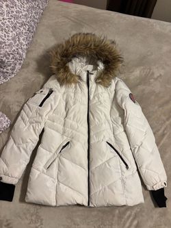 Women's White Puffer Jacket with Faux Fur Hood