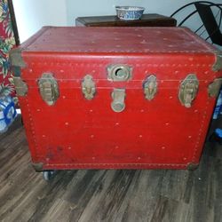 Large Flat Top Antique Red Trunk 