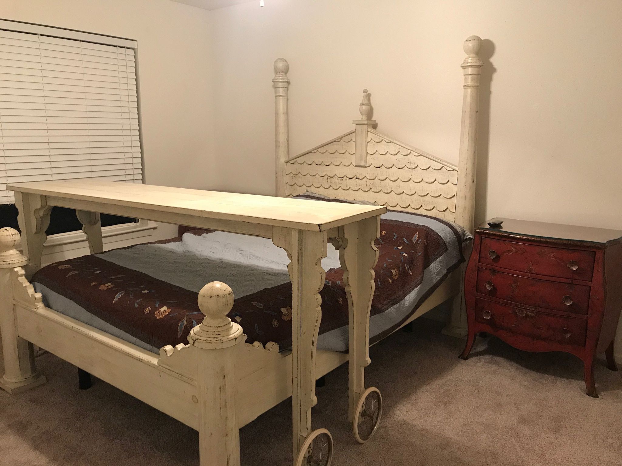 Antique Wood Queen Bedframe And Overbed Table With Buggy Wheels