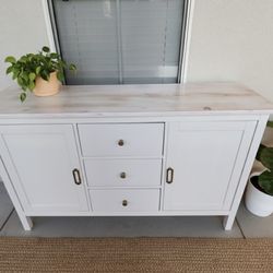 Refinished Solid Wood Sideboard / Buffet, White satin with whitewashed wood top & brass hardware