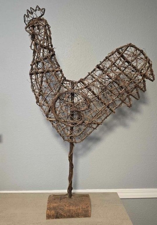 35 in Chicken Rooster Twig Sculpture Statue Vine Art Vintage Farm